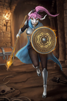 anthro armor black_hooves black_horn bottomwear breastplate brown_bottomwear brown_clothing brown_pants clothing female female_anthro floppy_ears fur glistening glistening_eyes hair holding_object holding_shield holding_staff hooves horizontal_pupils horn inside long_hair looking_at_viewer orange_eyes pants pink_hair ponytail pupils shield slim_anthro slim_female solo staff teeth white_body white_fur karikage bovid caprine goat mammal hi_res