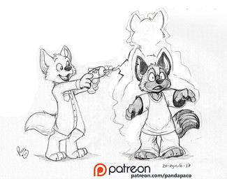 anthro cheek_tuft clothed clothing duo facial_tuft fangs front_view gun holding_gun holding_object holding_ranged_weapon holding_weapon logo male open_mouth open_smile patreon_logo pawpads ranged_weapon shirt shrinking size_transformation smile standing t-shirt teeth text topwear transformation tuft weapon young young_anthro young_male pandapaco patreon pent samaliel canid canine mammal 2017 artist_logo dated signature spot_color url