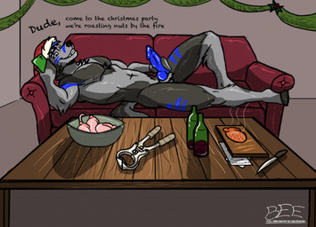 anthro burdizzo castration castration_device christmas_clothing christmas_headwear clothing cock_and_ball_torture cooking eunuch genital_mutilation genital_torture genitals hat headgear headwear holidays knot knotted_penis male mutilation penis santa_hat solo text beebeesba christmas ashi_wolf canid canine canis mammal wolf english_text hi_res