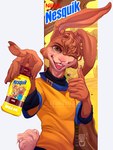 anthro big_eyes brown_body brown_eyes brown_fur buckteeth fur gesture hand_gesture long_ears looking_at_viewer male mascot smile solo teeth thumbs_up xurryls nesquik nesquik_bunny lagomorph leporid mammal rabbit hi_res