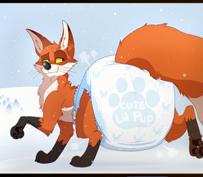 big_diaper clean_diaper clothed clothing diaper diaper_focus diaper_only diaper_puff feral fluffy fluffy_tail footprint fur looking_back male orange_body orange_fur pattern_diaper pawpads pawprint paws plant print_diaper raised_leg rear_view snow snowing snowing_outside solo tail text text_on_diaper text_print topless tree walking wearing_diaper yellow_eyes jupiters dreamworks the_wild_robot fink_(the_wild_robot) canid canine fox mammal red_fox true_fox digital_media_(artwork) english_text hi_res