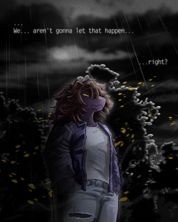 anthro clothing female freckled_face freckles jacket leaf night outside plant purple_body raining shirt solo text topwear torn_clothing tree white_clothing white_shirt white_topwear wind yellow_eyes aka_meyneth deltarune undertale_(series) susie_(deltarune) monster reptile scalie 4:5 absurd_res hi_res signature tagme