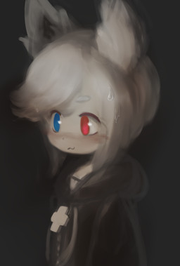 :3 anthro bangs black_background black_clothing black_lips black_topwear blue_eyes blush bodily_fluids circle_eyebrows clothing eyebrows eyelashes female fluffy_ears flustered grey_body hair heterochromia jacket lips red_eyes short_hair simple_background solo standing sweat topwear white_ears white_eyebrows white_hair hasukii love_exalt_8372 team_veki healer_(love_exalt_8372) unknown_species hi_res