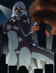 anthro breasts building city crossgender destruction female genitals hair looking_at_viewer macro navel night nipples non-mammal_breasts non-mammal_nipples nude outdoor_nudity outside pussy smoke solo tail white_hair yellow_eyes desingahv godzilla_(series) toho godzilla kaiju monster reptile scalie 2013