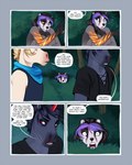 2021 4:5 anthro badger black_body black_eye_(injury) black_fur blood bodily_fluids bruised ciel_(cinderfrost) cinderfrost clothed clothing comic day demicoeur detailed_background dialogue digital_media_(artwork) english_text equid equine eyebrows fiera_(cinderfrost) forest fur group hi_res hiding highlights_(coloring) horn horse male mammal mustelid musteline mythological_creature mythological_equine mythology noir_(demicoeur) nosebleed open_mouth outside plant purple_highlights red_eyes red_horn shrub speech_bubble teeth text tongue tree trio unicorn white_body white_fur