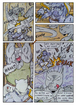 anthro armor armored_boots bandits barazoku battle biceps bulge clothed clothing comic_panel dialogue evil_face evil_look facial_hair footwear gloves goatee grey_body hair handwear holding_object holding_weapon long_hair male manly medieval medieval_clothing medieval_fantasy melee_weapon musclegut muscular muscular_anthro muscular_male onomatopoeia overweight paladin pecs shoulder_pads slashing sound_effects spiked_mace sword tail tavern tavern_background text topwear violence weapon dashthefox blizzard_entertainment warcraft dominios bovid bovine mammal rhinoceros tauren absurd_res comic english_text hi_res traditional_media_(artwork)