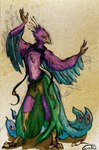 anthro avian avian_feet beak biped bird blue_body carmanda clothing dress eyes_closed feathered_crest feathered_wings feathers galliform gyro_feather gyrotech head_crest hi_res male peafowl phasianid pink_body scarf tail tail_feathers winged_arms wings