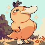 ambiguous_gender beak biped black_eyes blush cloud day flower grass outside plant pose shadow sky solo sparkles standing tree white_sclera flavia-elric nintendo pokemon generation_1_pokemon pokemon_(species) psyduck 2022 digital_media_(artwork) low_res pixel_(artwork)