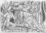 anthro duel duo male melee_weapon sword weapon foxia canid canine canis domestic_dog kangaroo macropod mammal marsupial 2013 graphite_(artwork) greyscale monochrome traditional_media_(artwork)