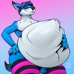 anthro balls belly big_belly black_nose blue_body clothing eyewear genitals glasses hair hand_on_belly hand_on_hip leggings legwear low-angle_view male pattern_clothing pattern_legwear penis striped_clothing striped_legwear stripes thick_thighs vore purplelove_(artist) mintywolfy canid canine canis mammal wolf hi_res