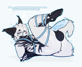 aloe_(kayako) anthro balls bdsm bodily_fluids bondage bound erection feet fluffy fluffy_tail genital_fluids genitals hair humanoid_genitalia humanoid_penis male male/male markings nude_male paws penis solo striped_markings stripes tail white_body canelitainanutshell mythology dragon mythological_creature mythological_scalie scalie
