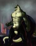 abs anthro balls biceps big_muscles big_penis biped blurred_background cape cape_only city clothing countershading crotchless_clothing erection fist foreskin frenulum front_view genitals glans green_body green_glans green_scales humanoid_genitalia humanoid_penis looking_aside male mostly_nude muscular muscular_male navel nipples outside partially_retracted_foreskin pecs penis pose scales solo standing superhero thick_neck satanic_monkey dinosaur prehistoric_species reptile scalie theropod tyrannosaurid tyrannosauroid tyrannosaurus tyrannosaurus_rex 2020 digital_media_(artwork) digital_painting_(artwork) hi_res portrait three-quarter_portrait