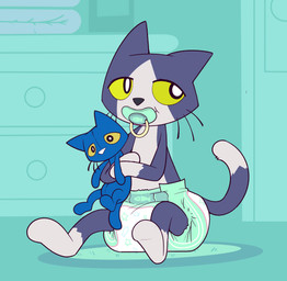 ambiguous_gender anthro big_diaper black_nose black_whiskers blue_body blue_fur blue_pacifier blue_tail clean_diaper clothed clothing diaper diaper_only dipstick_tail door drawer featureless_feet featureless_hands feet folded_diaper fur gloves_(marking) holding_object holding_plushie inside leg_markings looking_back markings multicolored_body multicolored_fur object_in_mouth pacifier pacifier_in_mouth plushie sitting smile socks_(marking) solo tail tail_markings topless two_tone_body two_tone_fur wearing_diaper whiskers white_body white_fur white_tail_tip yellow_sclera bubblepuppers pete_the_cat bob_the_cat pete_the_cat_(character) domestic_cat felid feline felis mammal absurd_res full-length_portrait hi_res portrait