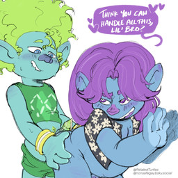 4_fingers belly bent_over biped bite biting_lip biting_own_lip black_blush black_text blue_blush blue_body blue_eyes blue_nose blue_skin blush blush_lines bodily_fluids bottomless bottomless_humanoid bottomless_male bottomwear bottomwear_down bracelet clothed clothed_humanoid clothed_male clothing crop_top dialogue duo ear_blush erection eyebrows femboy fingers floral_pattern floral_print floral_shirt genital_fluids genitals green_bottomwear green_clothing green_crop_top green_eyebrows green_hair green_penis green_shirt green_shorts green_tank_top green_topwear grey_clothing grey_crop_top grey_shirt grey_topwear hair half-closed_eyes hand_on_another's_hip hand_on_hip heart_pupils heart_symbol humanoid_on_humanoid imminent_anal imminent_penetration imminent_sex intraspecies iris jewelry leaking_precum light_body light_eyebrows light_hair light_skin long_ears long_hair looking_back male male/male male_humanoid monotone_background monotone_body monotone_hair monotone_skin multicolored_bracelet multicolored_clothing multicolored_crop_top multicolored_shirt multicolored_topwear narrowed_eyes not_furry open_clothing open_crop_top open_mouth open_shirt open_smile open_topwear partially_clothed partially_clothed_humanoid partially_clothed_male pattern_clothing pattern_crop_top pattern_shirt pattern_topwear penis precum precum_string print_clothing print_crop_top print_shirt print_topwear pupils purple_blush purple_eyebrows purple_eyes purple_hair purple_nose purple_speech_bubble question self_bite shirt short_hair shorts shorts_down simple_background slightly_chubby slightly_chubby_humanoid slightly_chubby_male smile speech_bubble standing stated_incest sweat sweatdrop talking_to_another talking_to_partner tank_top teal_body teal_skin teasing teeth text three-quarter_view topwear two_tone_bracelet two_tone_clothing two_tone_crop_top two_tone_shirt two_tone_topwear white_background white_bracelet white_clothing white_crop_top white_pupils white_sclera white_text white_topwear yellow_bracelet relatedturtles dreamworks trolls_(dreamworks) bruce_(trolls) clay_(trolls) humanoid troll_(mythology) 1:1 digital_media_(artwork) english_description english_text hi_res url brother_(lore) brothers_(lore) incest_(lore) sibling_(lore)