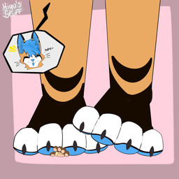 anthro claws duo feet foot_fetish foot_focus hindpaw macro male male/male micro pawpads paws soles squish stomped underfoot miyusstuff furrmox miyu_(miyusstuff) canid canine canis coyote domestic_cat felid feline felis mammal 1:1 hi_res