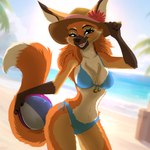 anthro ball beach beach_ball big_breasts bikini bikini_bottom bikini_top breasts clothed clothing cocked_hip female fur hair hat headgear headwear holding_ball holding_object inflatable looking_at_viewer midriff navel outside plant playful sand seaside smile solo standing swimwear tail tree two-piece_swimsuit water el-gallo canid canine canis fox mammal 1:1 digital_media_(artwork) hi_res