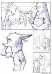 2018 absurd_res antelope anthro bear bodily_fluids bovid canid canine clothed clothing comic dialogue disney domestic_pig ellipsis english_text flying_sweatdrops fox greyscale group hi_res inside male mammal monochrome nick_wilde red_fox signature speech_bubble sprinkah standing suid suina sus_(pig) sweat sweatdrop text true_fox walking zootopia