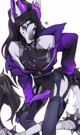 5_fingers animal_genitalia animal_penis bandage bedroom_eyes black_body black_fur black_hair claws clothed clothing collar ear_tuft erection femboy fingerless_gloves fingers fur genital_slit genitals gloves hair handwear harness horn jacket long_hair long_tail looking_at_viewer male narrowed_eyes partially_clothed penis purple_ears purple_eyes seductive simple_background solo spiked_collar spikes tail tail_tuft tapering_penis topwear tuft white_body white_fur shermugi royal_vernid vernid 2025 absurd_res digital_media_(artwork) hi_res signature