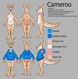 anthro barefoot black_text blue_clothing blue_hoodie blue_topwear bottomless bottomless_anthro bottomless_male claws clothed clothing feet fur grey_background hoodie hoodie_only male open_mouth pouch_(anatomy) simple_background smile solo tan_body tan_fur text tongue_showing topwear topwear_only cameroo cameroo_(character) kangaroo macropod mammal marsupial english_text model_sheet