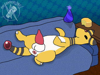 anus balls black_markings cake clothing dessert food furniture genitals hat headgear headwear logo male markings neck_stripes orb party_hat penis sleeping sofa solo tapering_penis wallpaper_(decoration) white_markings yellow_body nonassociatedidiot nintendo pokemon ampharos generation_2_pokemon pokemon_(species) 4:3 shaded simple_shading