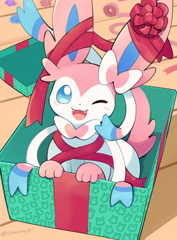 ambiguous_gender blue_body blue_eyes blue_fur blush box container cute_fangs fangs feral fur gift gift_box happy in_box in_container long_ears looking_at_viewer one_eye_closed open_mouth open_smile paws pink_body pink_fur ribbons ribbons_(anatomy) smile smiling_at_viewer solo tail teeth tongue white_body white_fur wink komanyachi nintendo pokemon eeveelution generation_6_pokemon pokemon_(species) sylveon 2025 absurd_res digital_media_(artwork) hi_res