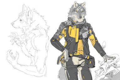 5_fingers anthro athletic athletic_anthro athletic_male belt biped black_bottomwear black_clothing black_jacket black_nose black_pants black_topwear bottomwear claws clothed clothing fingers fur gloves grey_body grey_fur hand_on_hip hand_on_object handwear jacket legwear long_pants looking_at_viewer male motorcycle pants raised_hands shirt simple_background solo standing streetwear tail techwear topless topwear vehicle waist_bag white_background white_body white_fur yellow_clothing yellow_eyes kunaru yoshi.kaoru canid canine canis mammal wolf colored monochrome sketch