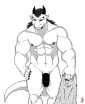 abs anthro balls biceps big_muscles big_penis biped black_claws black_hair black_horn black_nipples black_penis blue_eyes circumcised claws ear_piercing fangs flaccid fur genitals hair half-erect horn looking_at_viewer male muscular muscular_anthro muscular_male nipple_piercing nipples nude pecs penis piercing pose simple_background solo tail teeth thick_penis towel psycohound mythology zerk dragon furred_dragon furred_scalie mythological_creature mythological_scalie scalie