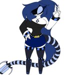 4_fingers artist_self-insert belt_buckle big_breasts blue_bottomwear blue_clothing blue_eyes blue_hair blue_skirt bottomwear breasts buckle clothing female fingers hair long_hair machine mechanical_arm mechanical_leg mechanical_tail not_furry ponytail screen screen_face serial_designation_s_(artgoddesses) skirt solo syringe syringe_tail tail text artgoddesses glitch_productions murder_drones fan_character disassembly_drone humanoid robot robot_humanoid tailed_humanoid 1:1 character_name character_request full-length_portrait portrait