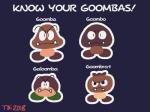 ambiguous_gender black_eyes blue_background brown_body brown_skin fangs green_body green_skin not_furry simple_background solo teeth text beekirbydrawsstuff mario_bros nintendo galoomba goomba goombo goombrat waddling_head 2019 4:3 multiple_images species_name