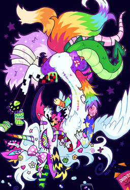 4_toes 6_legs ambiguous_gender anus bag bandage bandaged_tail blood blue_body blue_eyes blue_fur bodily_fluids can chest_tuft claws collar container coontail_hair drugs ear_piercing eyelashes feathered_wings feathers feet female female_feral feral flower fungus fur furgonomic_piercing furgonomics green_body green_ears green_fur green_pawpads green_scales green_tongue hair horn markings multicolored_eyes multicolored_horn multicolored_tail multicolored_tongue mushroom nosebleed open_mouth open_smile orange_body orange_fur pawpads paws piercing pink_bow pink_ears pink_feet pink_nose pink_paws pink_pupils pink_tail plant polka_dot_bow pupils purple_body purple_fur purple_sclera purple_tail purple_tongue rainbow_horn rainbow_nipples rainbow_tail rat_tail red_body red_claws red_collar red_fur scales scaly_tail seam_(sewing) sewn_belly sewn_legs sharp_teeth smile smiley_face solo sparklefur spiked_tail spikes spikes_(anatomy) star star_(marking) striped_tongue tail tail_piercing teeth toes tongue tongue_out tuft two_tone_tongue unicorn_horn white_body white_fur white_hair white_wings wings x_anus yellow_body yellow_eyes yellow_fur chatoyancy doritos frito-lay mountain_dew mythology scraps_(chatoyancy) canid canine chimera mammal mythological_creature 2025 colorful_theme digital_drawing_(artwork) digital_media_(artwork) hi_res