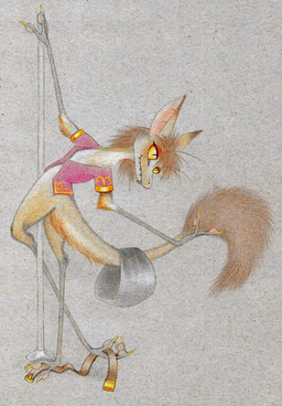 anthro bedroom_eyes belt bottomwear brown_body brown_fur brown_hair claws clothed clothing female fur grey_background hair looking_at_viewer narrowed_eyes partially_clothed pole pose seductive simple_background skirt solo stripper_pole striptease tail tail_tuft tail_under_skirt tuft undressing fuchs out-of-placers zally mammal yinglet absurd_res hi_res traditional_media_(artwork)