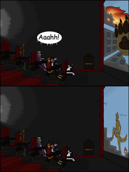 anthro destruction female feral macro male paws screen theater vore watching_movie narrsvans canid canine canis felid feline fox mammal murid murine rat rodent wolf comic hi_res story