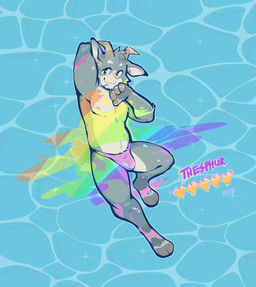 anthro clothing heart_symbol hoof_hands hooves horn lgbt_pride pink_clothing pink_swimwear pink_underwear pride_colors simple_background swimwear text underwear water tohfu thesphur_(thesphur) bovid caprine goat mammal