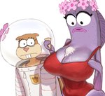 anthro armor astronaut_suit big_breasts bikini breasts buckteeth clothing duo eyelashes female flower flower_crown headgear helmet ice_cream_on_breasts looking_at_breasts plant purple_body swimwear teeth thick_thighs two-piece_swimsuit wassnonnam nickelodeon spongebob_squarepants sandy_cheeks showgirl_fish_(spongebob) fish mammal marine rodent sciurid tree_squirrel hi_res