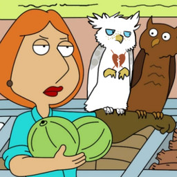 ambiguous_gender beak brown_body brown_feathers fail feathered_wings feathers female feral food fruit group humor melon plant pun screencap tattoo visual_pun white_body white_feathers wings hoot_(artist) third-party_edit family_guy mythology hoot_(character) lois_griffin avian bird gryphon human hybrid mammal mythological_avian mythological_creature owl 1:1 low_res shopped