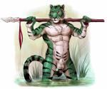 animal_genitalia anthro balls black_body black_fur cheek_tuft chest_tuft claws countershading facial_tuft flexing front_view fully_sheathed fur genitals grass green_body green_fur legs_in_water looking_at_viewer male melee_weapon multicolored_body multicolored_fur muscular muscular_anthro muscular_male nude partially_submerged pecs plant polearm pose sheath simple_background smile solo spear standing standing_in_water stripes submerged_legs tribal tuft water weapon whiskers white_body white_countershading white_fur yellow_eyes bluechance plasdurock felid mammal pantherine tiger pinup portrait three-quarter_portrait