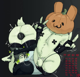 anal anal_penetration anthro armwear bodily_fluids bulge clothing detachable detachable_head dildo duo fellatio for_a_head glistening glistening_body hand_on_head high-angle_view legwear machine male male/male nipple_tape non-euclidean_sex oral pasties penetration penile pumpkin_head saliva sex sex_toy shaking sitting standing surgical_suture sweat tape thick_thighs thong trembling underwear vibrator wide_hips ongongio green_bun_(character) roboneco_(character) android domestic_cat felid feline felis lagomorph leporid mammal object_head rabbit robot undead