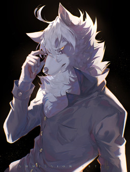 5_fingers anthro black_background black_dress_shirt brown_pawpads claws clothed clothed_male clothing collared_shirt dress_shirt ear_piercing eyebrows eyewear finger_claws fingers fur glasses grey_body grey_fur hair holding_eyewear holding_glasses holding_object looking_at_viewer male mouth_closed pawpads piercing rectangular_glasses shirt simple_background solo text topwear wearing_glasses white_body white_eyebrows white_fur white_hair white_sclera yellow_eyes chiayeeee canid canine canis mammal wolf 2021 absurd_res digital_drawing_(artwork) digital_media_(artwork) english_text half-length_portrait hi_res portrait signature