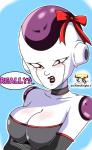 blush body_blush bow_ribbon breast_blush breasts cleavage clothed clothing crossgender female looking_at_viewer mtf_crossgender not_furry open_mouth red_eyes simple_background solo speech_bubble text white_body white_skin the_knight dragon_ball dragon_ball_z frieza alien frieza_race humanoid english_text