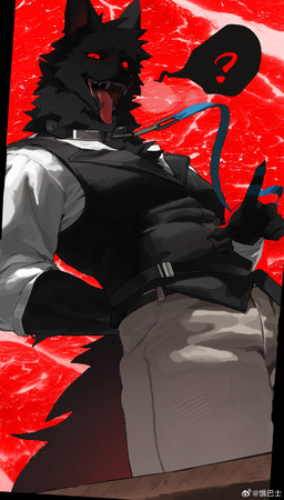 anthro black_body black_fur bottomwear clothing collar fur glowing glowing_eyes kemono looking_at_viewer low-angle_view male muscular muscular_anthro muscular_male pants red_eyes shirt solo tail tongue tongue_out topwear vest sohungr599123 moth_(luoluokun) canid canine canis mammal wolf 2025 absurd_res hi_res
