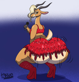 anthro big_butt blonde_hair boots bottomwear breasts bubble_butt butt clothing crouching electronics female footwear hair high_heeled_boots high_heels holding_microphone holding_object horn microphone scut_tail shoes short_tail skirt smile smiling_at_viewer smirk smirking_at_viewer solo sparkles sparkling_clothing tail twerking wide_hips thixxen disney zootopia gazelle_(zootopia) antelope bovid gazelle mammal 2026 hi_res signature
