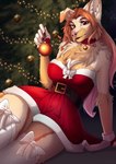 2021 5_fingers anthro breasts brown_eyes brown_hair canid canine canis christmas clothed clothing deeless digital_media_(artwork) domestic_dog eyebrows eyelashes female fingers hair hi_res holidays lingerie mammal sitting solo