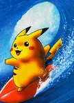 ambiguous_gender beady_eyes black_body brown_body feral happy looking_at_viewer open_mouth red_cheeks solo surfboard surfing water wave yellow_body ken_sugimori nintendo pokemon generation_1_pokemon pikachu pokemon_(species) surfing_pikachu 1998