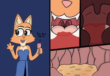 alcohol anthro barbell_piercing beverage bodily_fluids clothing dress eyelashes female long_eyelashes mouth_shot open_mouth oral_vore piercing solo stomach_acid text tuft uvula vore vore_pov cupcake-dog dreamworks the_bad_guys diane_foxington canid canine fox mammal comic english_text hi_res