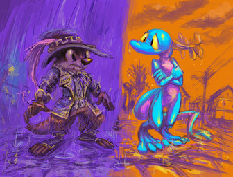 anthro bottomless clothed clothing contrast contrasting_weather duo fancy_clothing fully_clothed hat headgear headwear heat_(weather) looking_at_another male nude puddle raining split_screen wet wizard_hat fmirsokp titash_(character) amphibian herpestid lizard mammal meerkat reptile scalie color_contrast colorful_theme digital_media_(artwork) digital_painting_(artwork) full-length_portrait orange_theme painting_(artwork) portrait purple_theme restricted_palette warm_colors