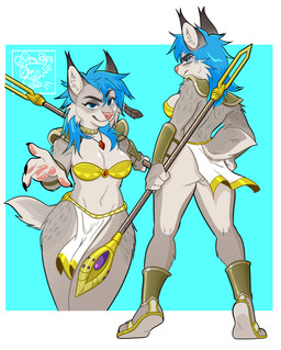 anthro armor blue_eyes blue_hair blueberrylynx bobtail bottomwear breasts clothing eyelashes feather_behind_ear feathers female freckled_face freckles fur grey_body grey_fur hair jewelry loincloth long_eyelashes looking_back markings melee_weapon polearm solo spots spotted_arms spotted_back spotted_body spotted_fur spotted_hips spotted_shoulders weapon rafunguss nintendo star_fox blueberry_lynx canada_lynx felid feline lynx mammal hi_res
