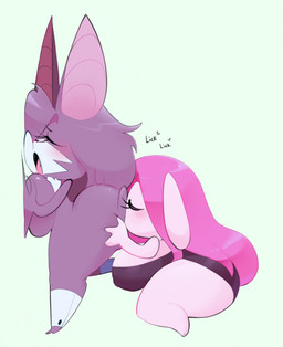 against_surface anthro big_breasts big_butt biped blush breast_squish breasts butt clothed clothing crossgender crouching duo eyebrows eyelashes eyes_closed female female/female green_background grey_body grey_hair hair hand_on_butt legwear licking monotone_body mostly_nude mostly_nude_female mtf_crossgender multicolored_body nipple_outline on_one_leg onomatopoeia open_mouth oral pink_body pink_hair raised_leg sex side_view simple_background sound_effects squish standing text thick_thighs tongue two_tone_body mu_(artist) layla_(mu) lothaier_(mu) bat lagomorph leporid mammal rabbit 2022 digital_drawing_(artwork) digital_media_(artwork) hi_res