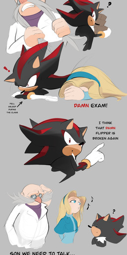 anthro bald blonde_hair facial_hair female group hair male mustache scientist text trio andoraliix sega sonic_the_hedgehog_(series) gerald_robotnik maria_robotnik shadow_the_hedgehog eulipotyphlan hedgehog human mammal absurd_res english_text hi_res