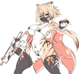 anthro bikini clothing cybernetics explosives female grenade gun machine ranged_weapon rifle solo swimwear two-piece_swimsuit weapon womb_tattoo syrup_(artist) felid mammal pantherine tiger absurd_res hi_res