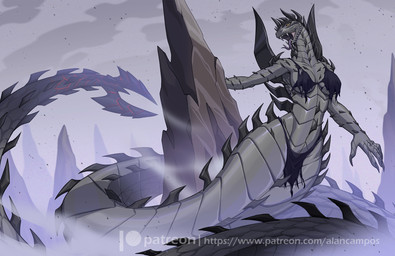 anthro apode biped breasts claws clothed clothed_anthro clothed_female clothing cloud female fingers front_view horn legless outside serpentine sky solo spikes tail teeth tongue wings alanscampos capcom monster_hunter dalamadur draconcopode elder_dragon reptile scalie snake 2026 digital_drawing_(artwork) digital_media_(artwork) hi_res